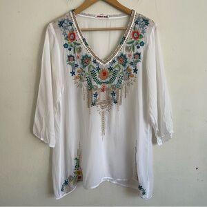 Johnny Was White Cupra Rayon Embroidered Tunic Sheer Blouse Floral Size M Boho